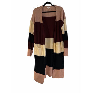 Feel In Color Block Open Front Cardigan - Black Purple Pink Cream - Size Medium